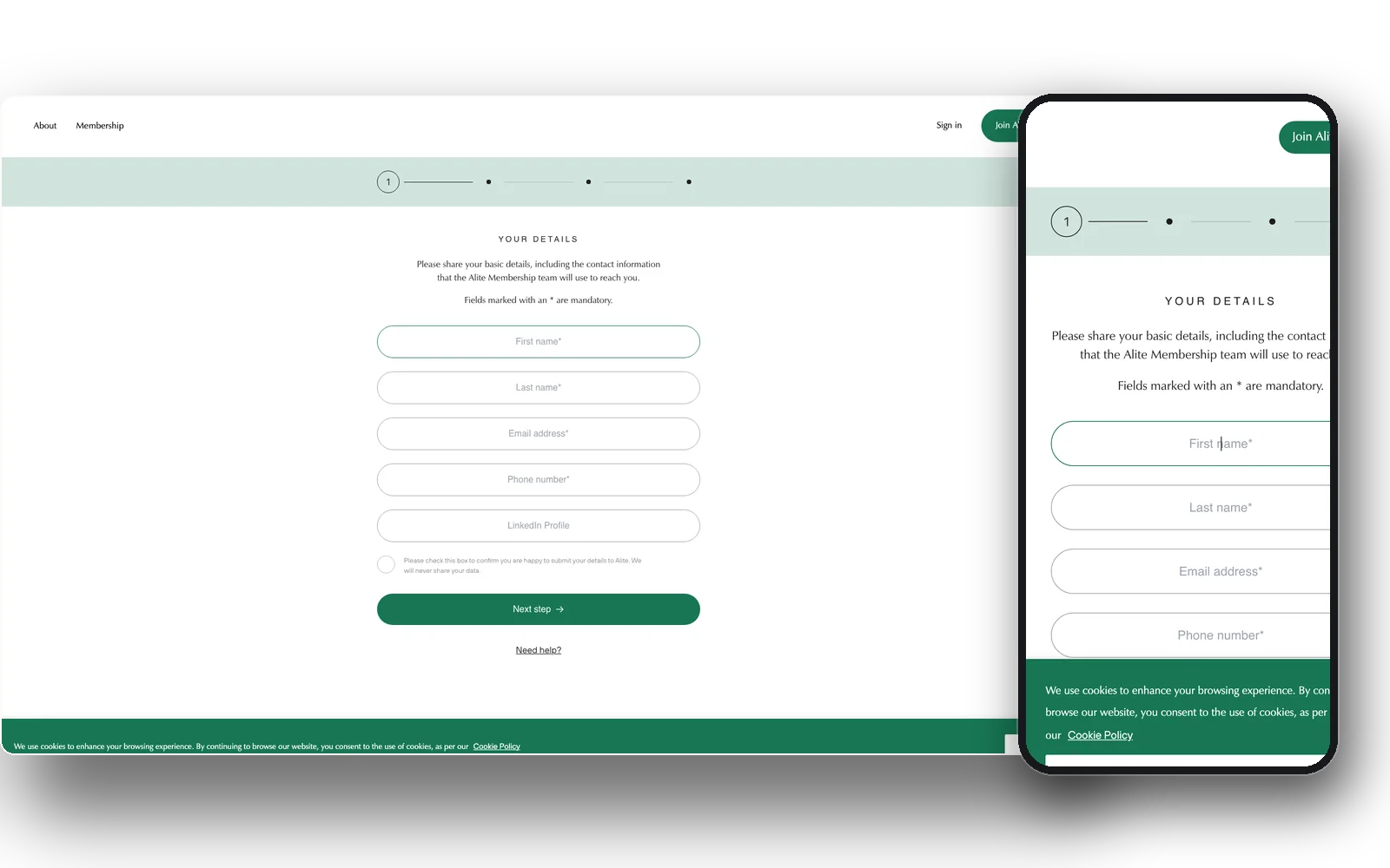 The public application flow on alite.global, desktop and mobile