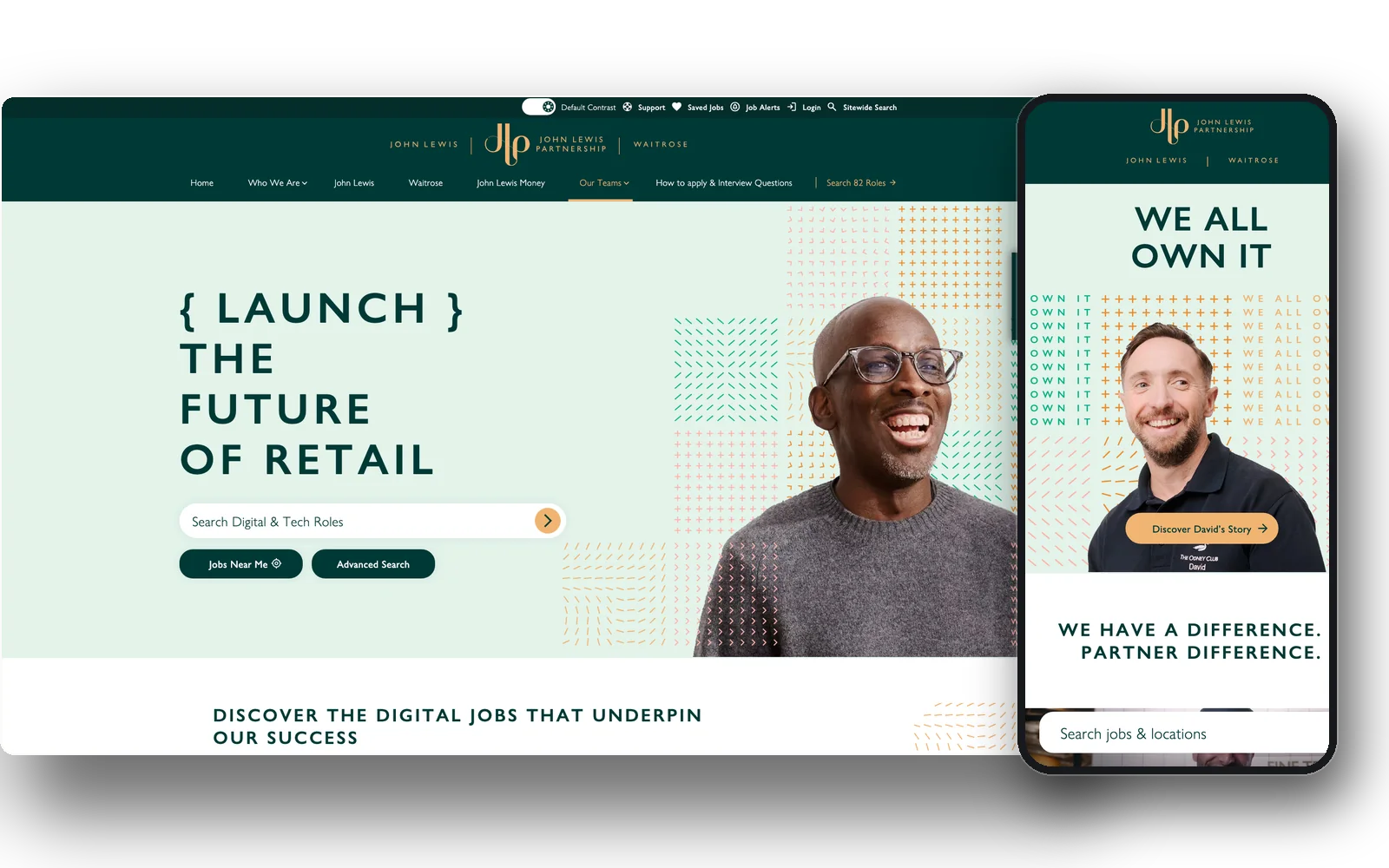 The jlpjobs.com digital and tech section, desktop and mobile