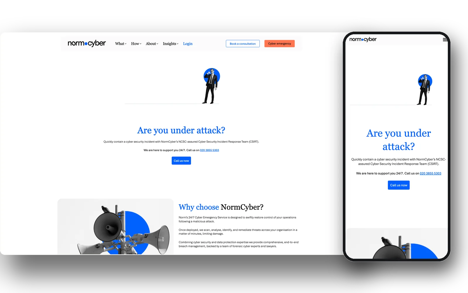 The normcyber.com cyber emergency page, desktop and mobile