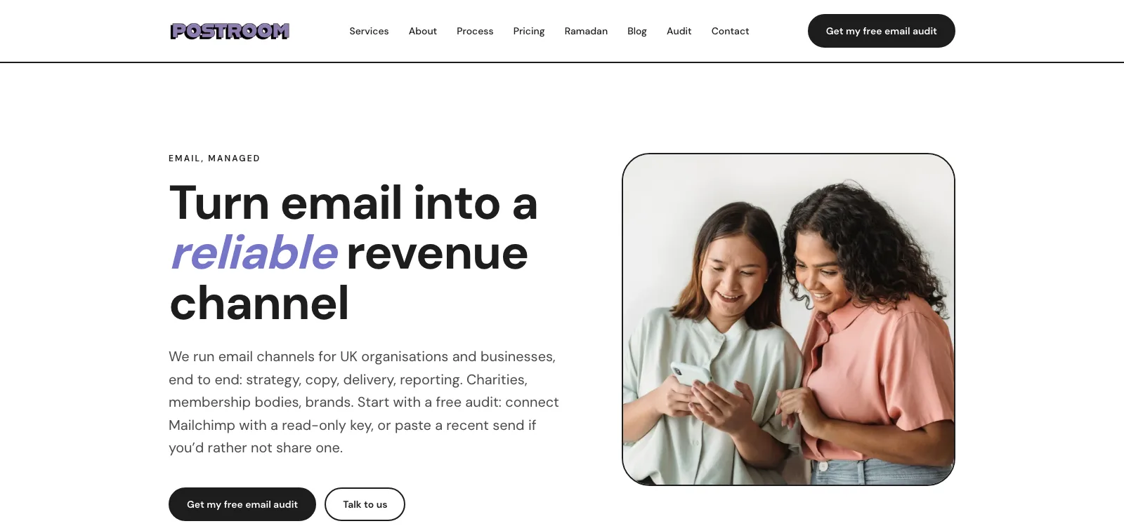 The postroom-hq.com homepage, the marketing site on the same platform